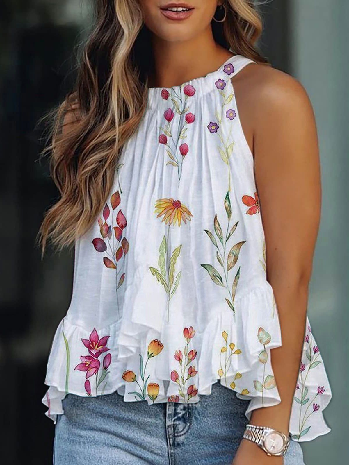 Women' Tanks Camis Ruffles Shirt Women Plus Size Sexy Halter Neck Sweet Blouse Sleeveless Loose Bohemian Floral Shirt Streetwear Elegant Clothing 230317, 10
Women' Tanks Camis Ruffles Shirt Women Plus Size Sexy Halter Neck Sweet Blouse Sleeveless Loose Bohemian Floral Shirt Streetwear Elegant Clothing 230317, 10