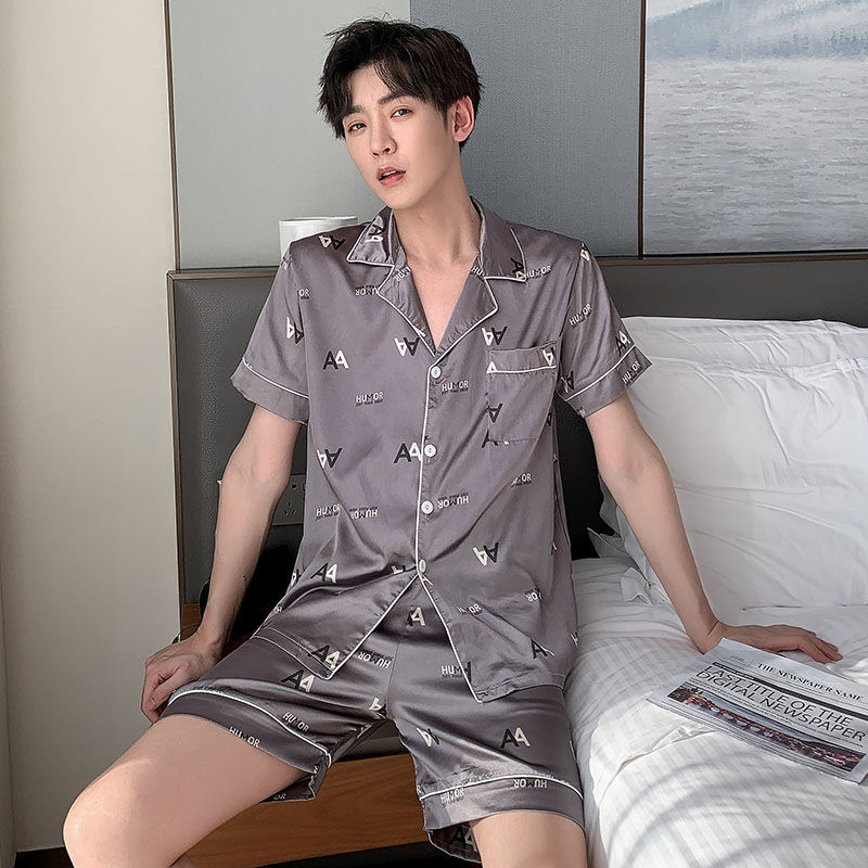 Men's Sleepwear CAIYIER Plus Size 4XL 5XL Men's Pajamas Summer Satin Silk Sleepwear Set Short Sleeve Shorts Boy Leisure Pajama Sets Grid Pri