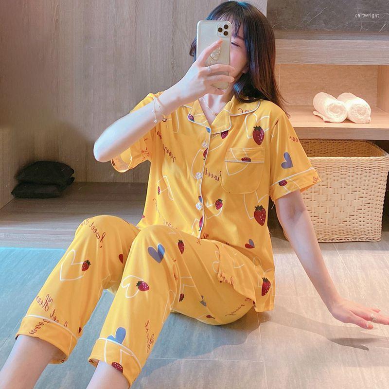 Women's Sleepwear Pajamas Set Women Summer Short Sleeve Tops Trousers Cute Cartoon Sweet Loose Home Clothing
Women's Sleepwear Pajamas Set Women Summer Short Sleeve Tops Trousers Cute Cartoon Sweet Loose Home Clothing