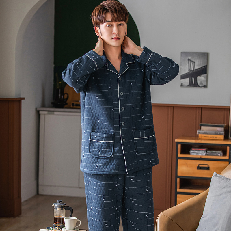 Men's Sleepwear Men laminated air cotton pajamas male geometry print warm pyjamas thin quilted suit long sleeve pajama winter leisure wear 3XL 23