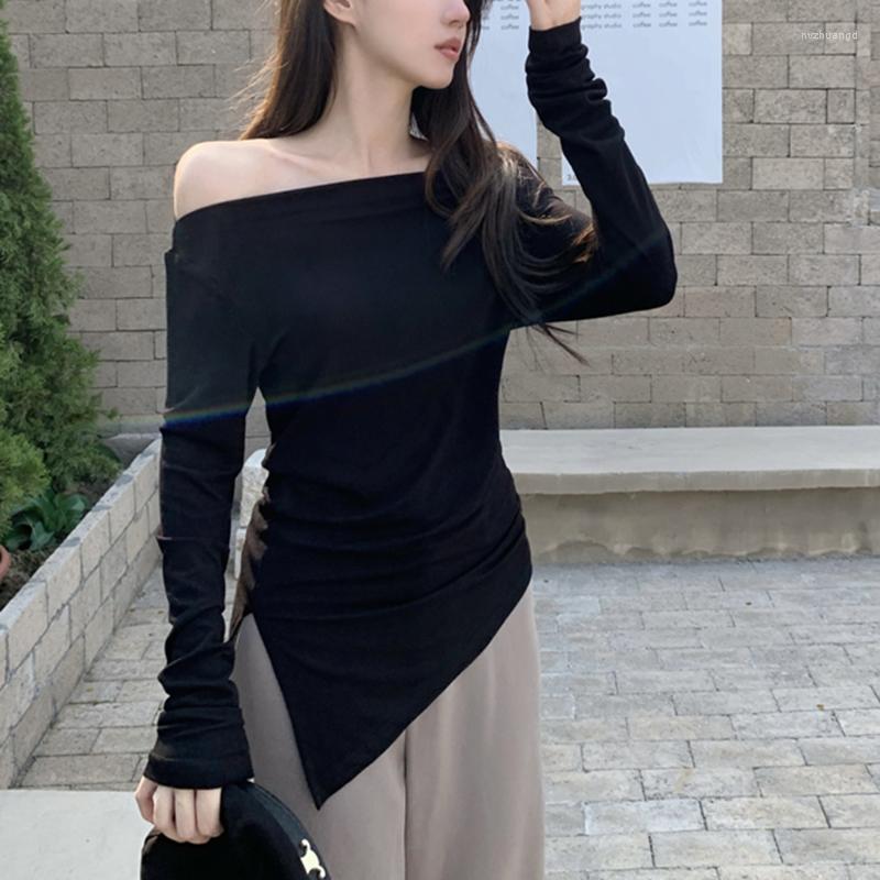 Women's T Shirts Off Shoulder Sexy Slash Neck Women's Shirt Solid Full Sleeve Tops Girls Chic Irregular Split For Woman Autumn, Black
Women's T Shirts Off Shoulder Sexy Slash Neck Women's Shirt Solid Full Sleeve Tops Girls Chic Irregular Split For Woman Autumn, Black