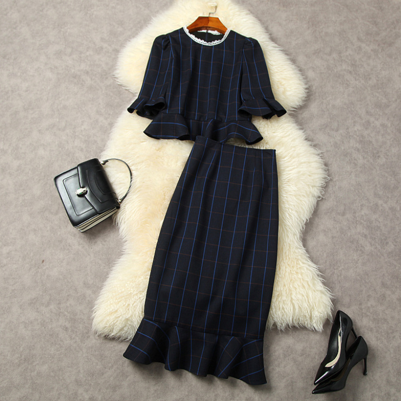 Spring Half Sleeve Two Piece Skirt Round Neck Blue Plaid Panelled Top & High Waist Mid-Calf Mermaid Suits 2 Pieces Set 22G112041
Spring Half Sleeve Two Piece Skirt Round Neck Blue Plaid Panelled Top & High Waist Mid-Calf Mermaid Suits 2 Pieces Set 22G112041