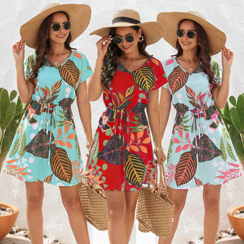 New summer dress v-neck short sleeve drawstring holiday dress flower print beach dress for women, Red
New summer dress v-neck short sleeve drawstring holiday dress flower print beach dress for women, Red