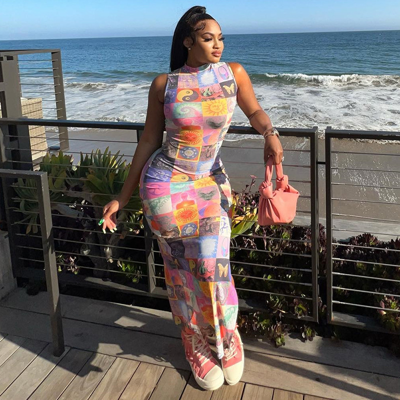 Print Maxi Dresses Fashion Casual Slim Skinny Stretch Vacation Beach Long Dress Summer Simpel Streetwear Y2K, Multi