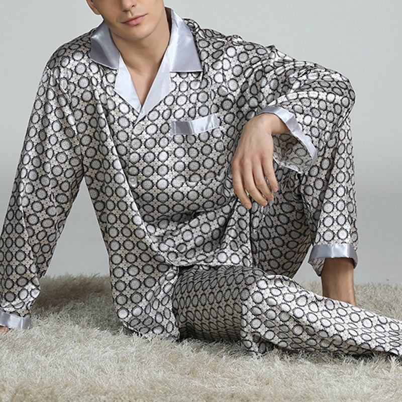 Men's Sleepwear Mens Satin Silk Pajama Sets Sleepwear Casual Nightgown Loose Loungewear Pajamas Pijamas Autumn Print Nightwear Homewear 230317