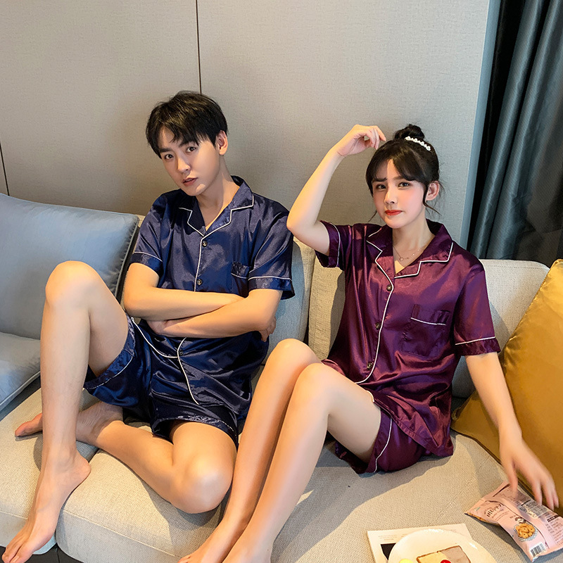 Men's Sleepwear Solid Color Sleepwear Silk Satin Pajamas Couple Set Short Button-Down Pyjamas Suit Pijama Women Men Loungewear Plus Size Pj Set 2