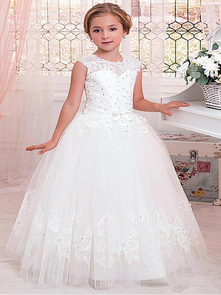 

Girl Dresses Stylish White Flower Girls Dress For Wedding Party High Neck Baptism Gowns Tulle Full Sleeve Appliques Kid Holy Communion Gown, Custom colors