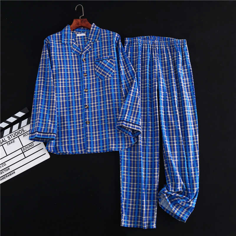 Men's Sleepwear Autumn and winter men's pajamas long-sleeved trousers two-piece cotton brushed lapel button thickened home service set mens 