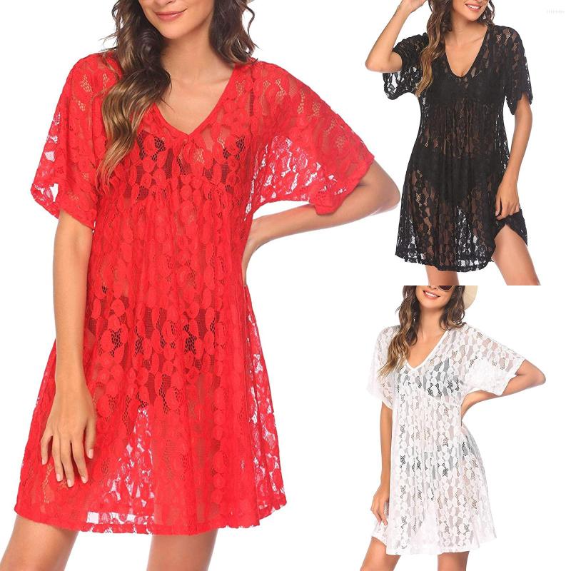 Casual Dresses Female Beach See-Through Dress For Women Solid Color V-Neck Short Sleeve Bikini Covers Summer Black/Red/White
Casual Dresses Female Beach See-Through Dress For Women Solid Color V-Neck Short Sleeve Bikini Covers Summer Black/Red/White