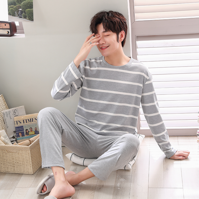 Men's Sleepwear Pajamas Sets Male Striped Full Pure Cotton Carton Fashion Men Long Sleeve Sleepwear Suit 2 Pieces Casual Spring Home Lounge Gift 