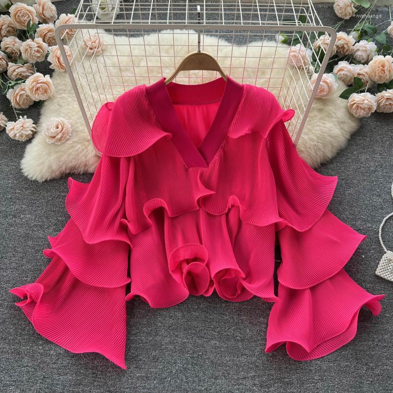 Women's Blouses Fairy Flounced Chiffon Sleeved Blouse For Women Candy V Neck Cakee Ruffles Loose Casual Pleated Shirts Red Pink Green
Women's Blouses Fairy Flounced Chiffon Sleeved Blouse For Women Candy V Neck Cakee Ruffles Loose Casual Pleated Shirts Red Pink Green