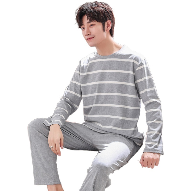 Men's Sleepwear Pajamas Sets Male Striped Full Pure Cotton Carton Fashion Men Long Sleeve Sleepwear Suit 2 Pieces Casual Spring Home Lounge Gift 