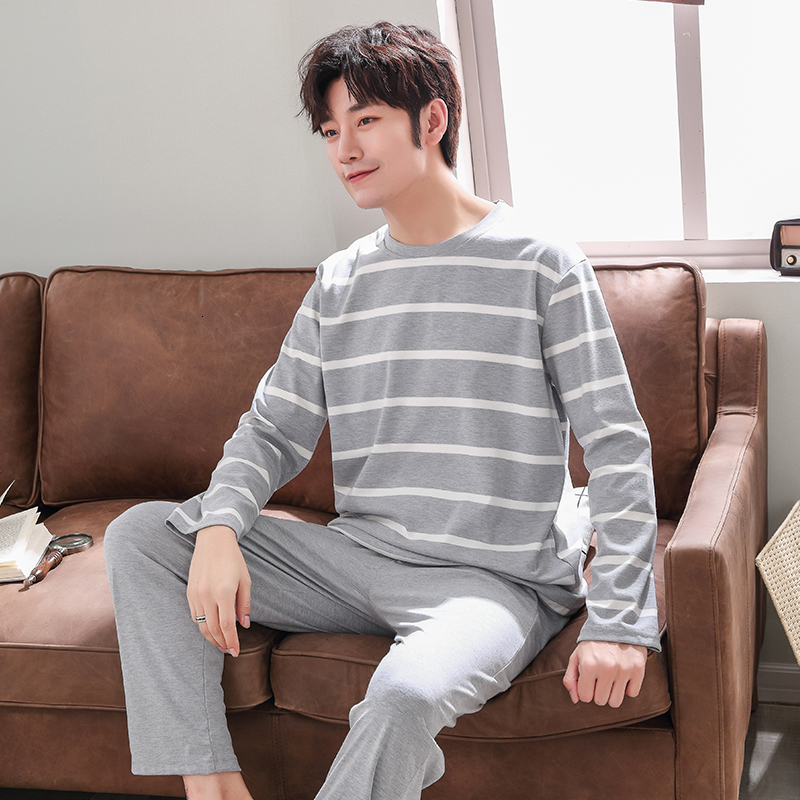 Men's Sleepwear Pajamas Sets Male Striped Full Pure Cotton Carton Fashion Men Long Sleeve Sleepwear Suit 2 Pieces Casual Spring Home Lounge Gift 