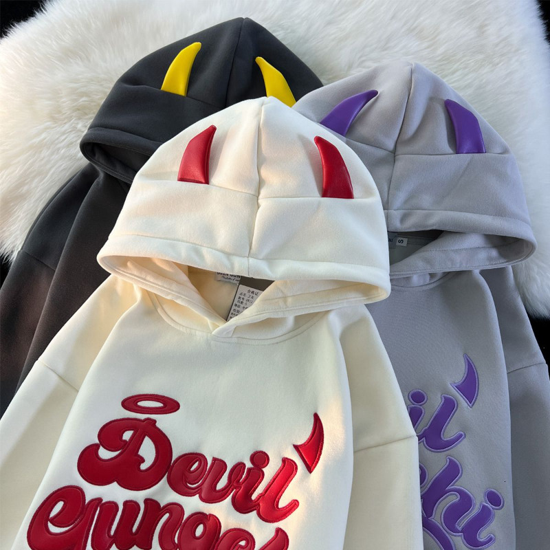 Womens Hoodies Sweatshirts European and American letter embroidery Little Devil hooded sweater Autumn winter womens loose oversize plush thickened top 230317, Whiter-2
Womens Hoodies Sweatshirts European and American letter embroidery Little Devil hooded sweater Autumn winter womens loose oversize plush thickened top 230317, Whiter-2
