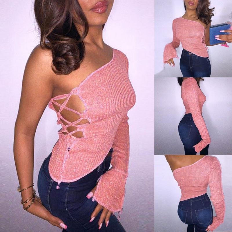 

Women's T Shirts Ruffles Embellished Sexy Women's T-Shirt Strapless Hollow Tether Short Tops One-Shoulder Reverse Car Top, Pink