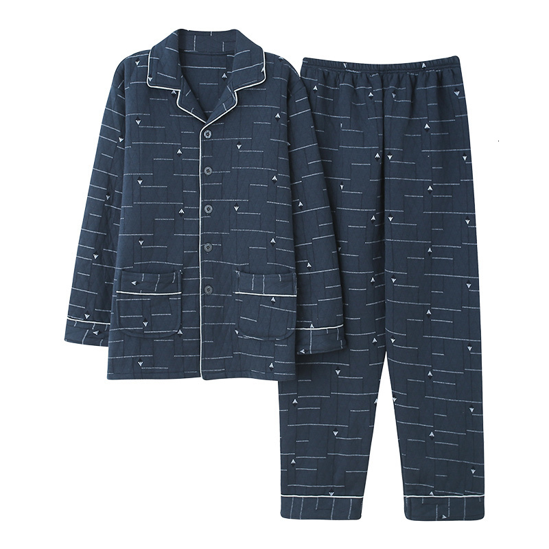 Men's Sleepwear Men laminated air cotton pajamas male geometry print warm pyjamas thin quilted suit long sleeve pajama winter leisure wear 3XL 23
