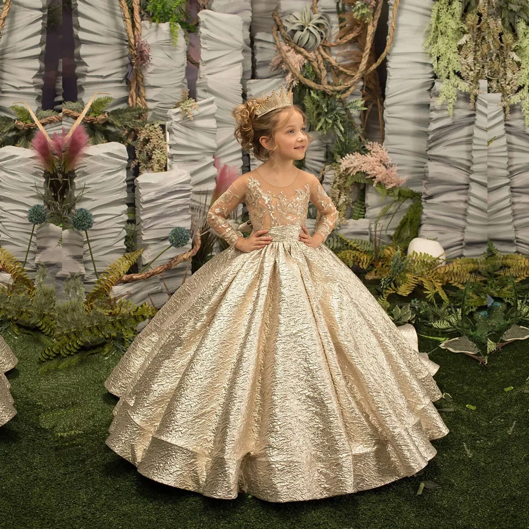Gold Flower Girl Dress Princess Illusion Sleeve with Bow Buttons Luscious Skirt Birthday Wedding Party Kids Bridesmaid Custom Made BC15260, As shown
Gold Flower Girl Dress Princess Illusion Sleeve with Bow Buttons Luscious Skirt Birthday Wedding Party Kids Bridesmaid Custom Made BC15260, As shown