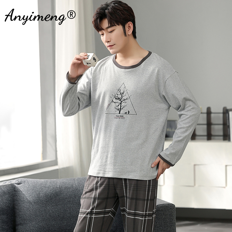 Men's Sleepwear Autumn Long Sleeve Pajamas Set for Men Plus Size Sleepwear Kinttied Cotton Pajama for Boy Plaid Minimalist Style for Gentleman 23