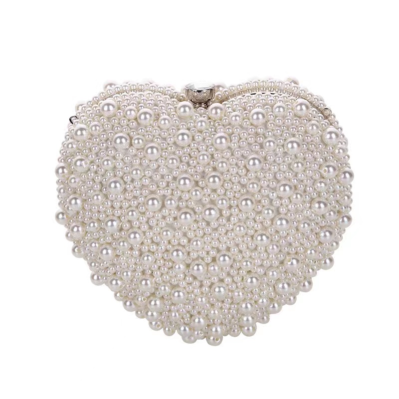 Pearls Heart Shaped Handbags Wedding Clutch Purse Full Side Beads Mini Wallets With Chain Shoulder Bags For Girls Women