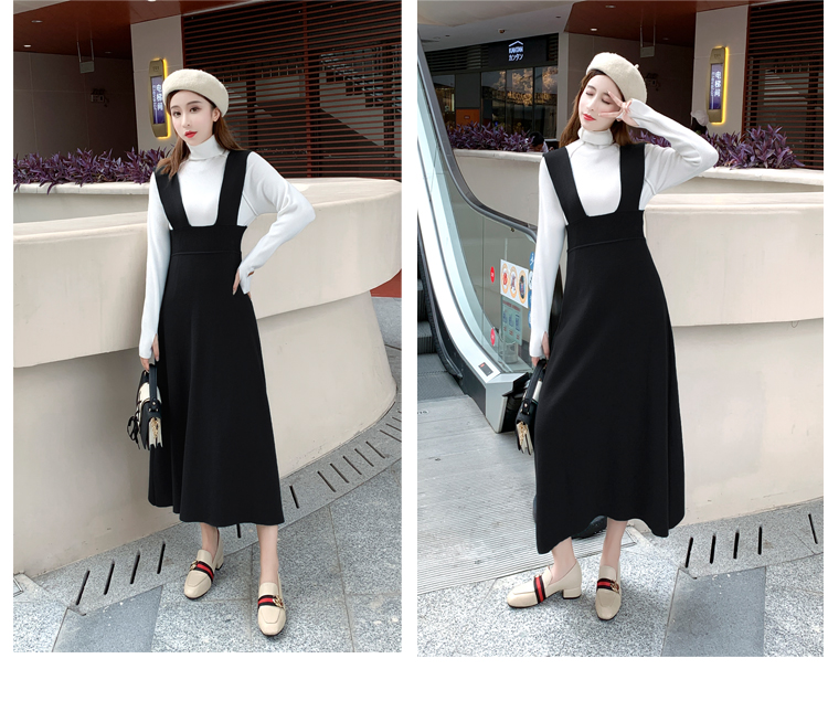 Womens turtleneck sweater and knitted spaghetti strap suspender a-line midi long dress