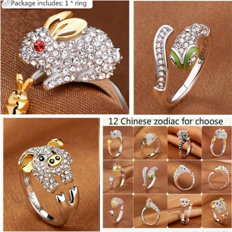 

Wedding Rings Shiny Luxury Animal Ring /Pig/Dragon/Horse/Monkey/Snake/Sheep/Tiger/Dog/Rat Crystal For Women Girl Gift BijouxWedding WeddingW