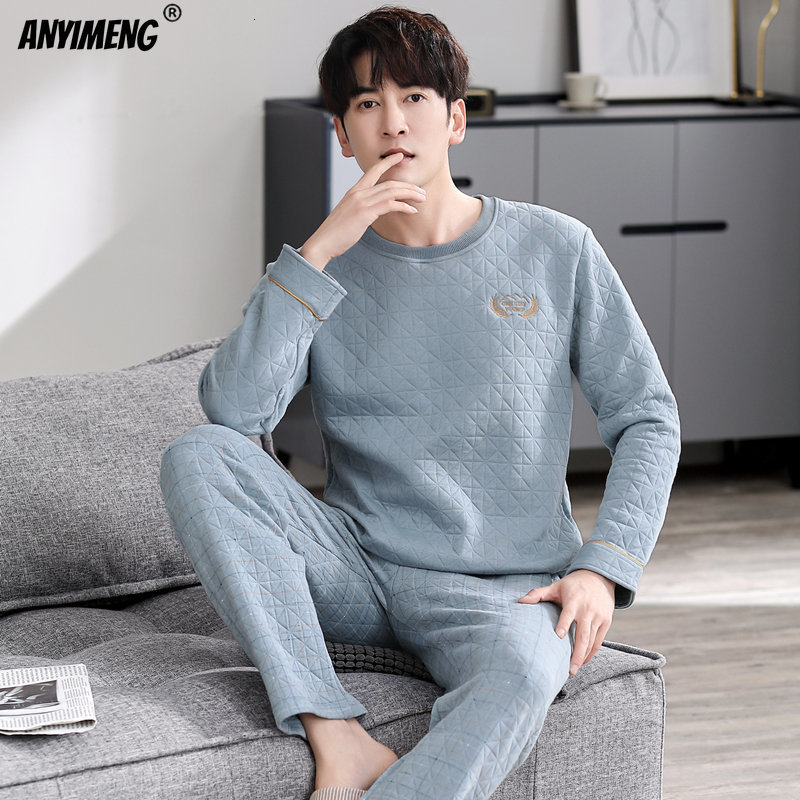 Men's Sleepwear Young Men Winter Three Layer Cotton Pajamas Set Grey Thick Homesuit Plaid Pants Nightwear Men Sleepwear Round Collar Pijamas 2303