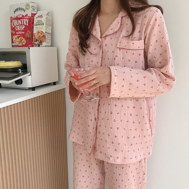 Womens Sleepwear Cotton Linen Set Sweet Cute Cherry Print Pajamas Vintage Kawaii Notched Pocket Home Suit ShirtTrousers Button S890 230317