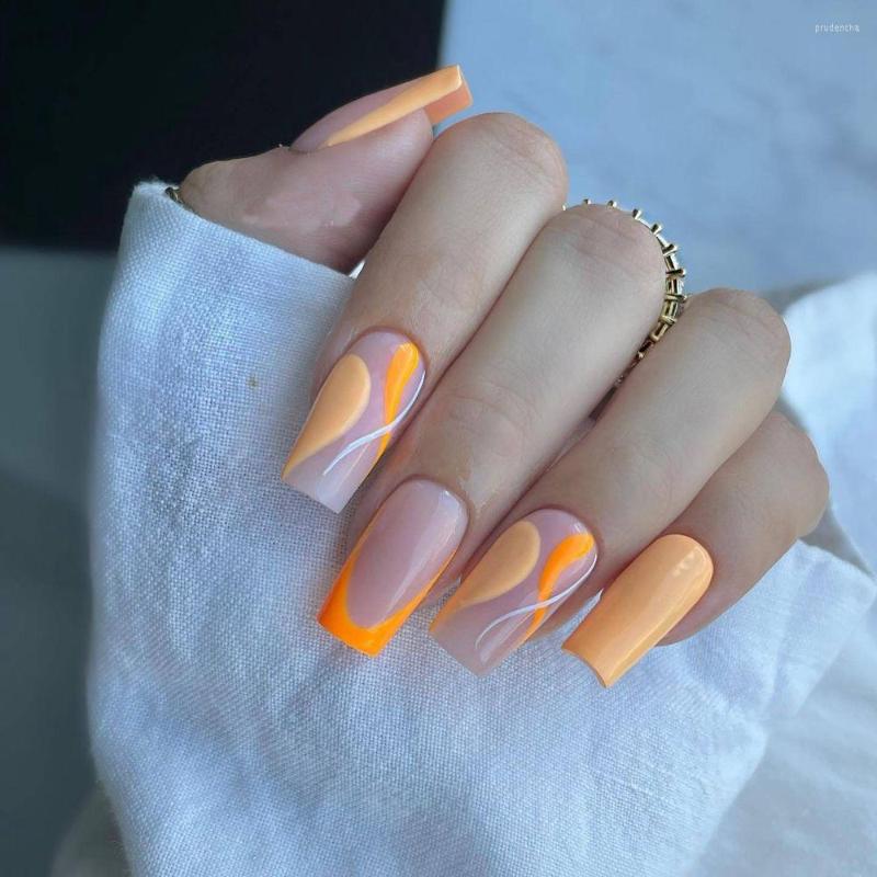 False Nails 24Pcs With Flower Design Orange Wave Line Short Ballet French Square Head Fake Nail Tips ABS Wearable Press On, 01
False Nails 24Pcs With Flower Design Orange Wave Line Short Ballet French Square Head Fake Nail Tips ABS Wearable Press On, 01