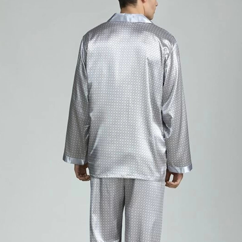 Men's Sleepwear Men Lapel Allover Print Satin Set Home Sleepwear Long Trouser Suit Sleep Two Piece Set Couple Loungewear Fashion Men 230317