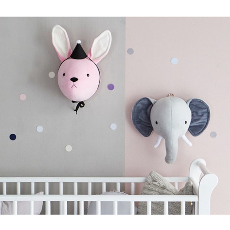 Wall Decor Cute Elephant Rabbit Deer Plush Stuffed Dolls Wall Mount Animal Head for Kids Room Kindergarten Decorative Toys 230317