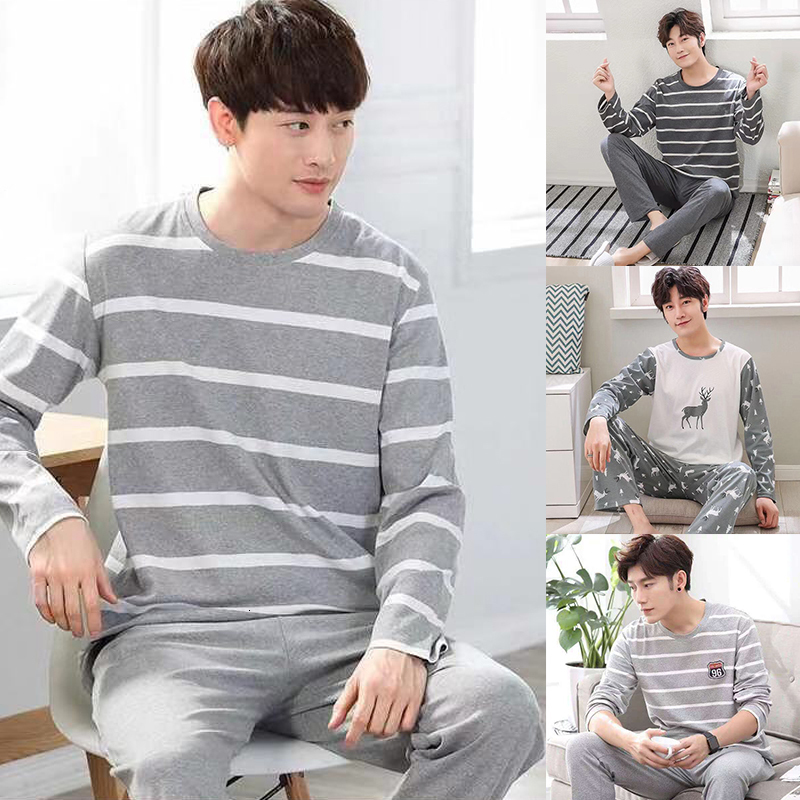 Men's Sleepwear Men's Pajamas Set Long Sleeve Trousers 2 Pieces Lounge Sleepwear Letter Striped Lattice Print Nightwear Soft O-neck Homewaer