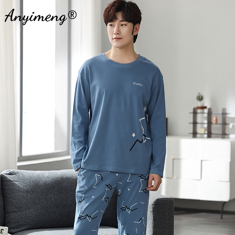 Men's Sleepwear Autumn Long Sleeve Pajamas Set for Men Plus Size Sleepwear Kinttied Cotton Pajama for Boy Plaid Minimalist Style for Gentleman 23