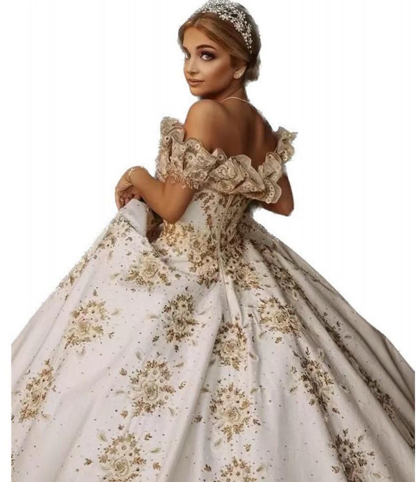 Dubai Gold Crystal Ball Wedding Dresses Chic Appliqued Lace Bridal Gown Ruched Satin Gorgeous Court Train Robes De Mariee Custom Made