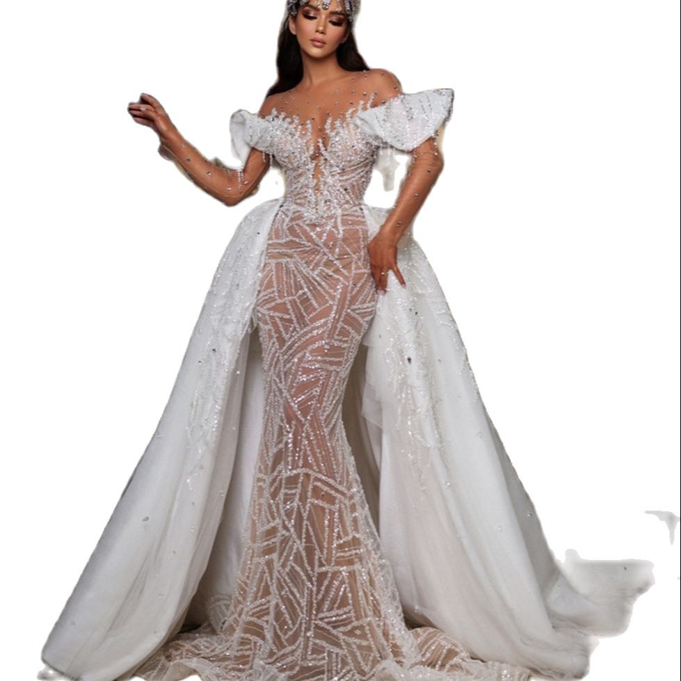 Sequined Lace Glitter Mermaid Wedding Dresses Elegant Illusion Bead Bridal Gowns Custom Made or Length Dress Vestido De Novia