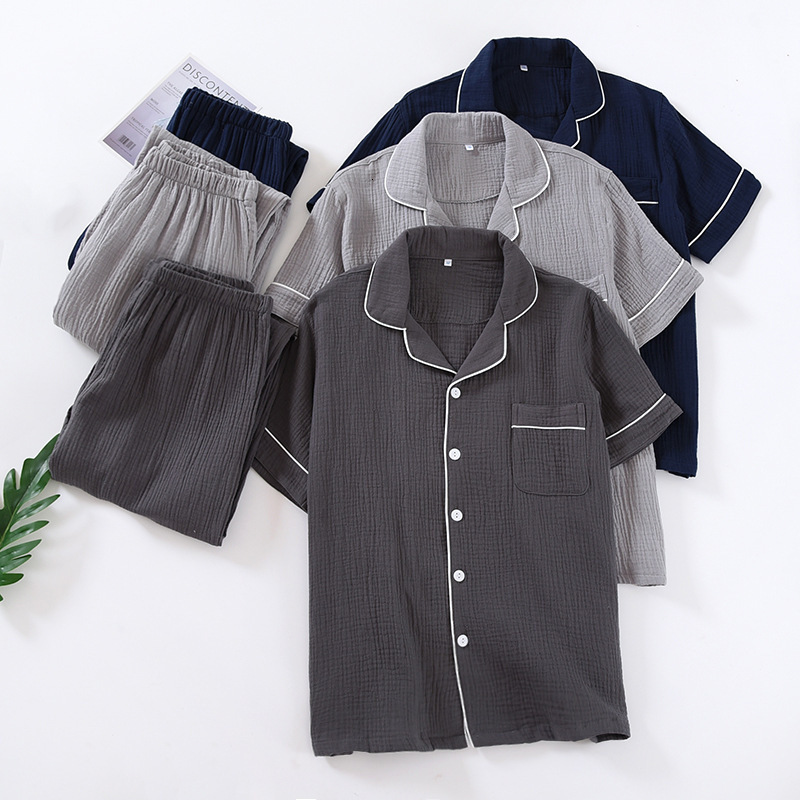 Men's Sleepwear Men's Solid Pajama Suit 100% Cotton Crepe Casual Pijama Set Short Sleeves Long Trousers Men Pyjama Autumn Men Sleepwear Pija