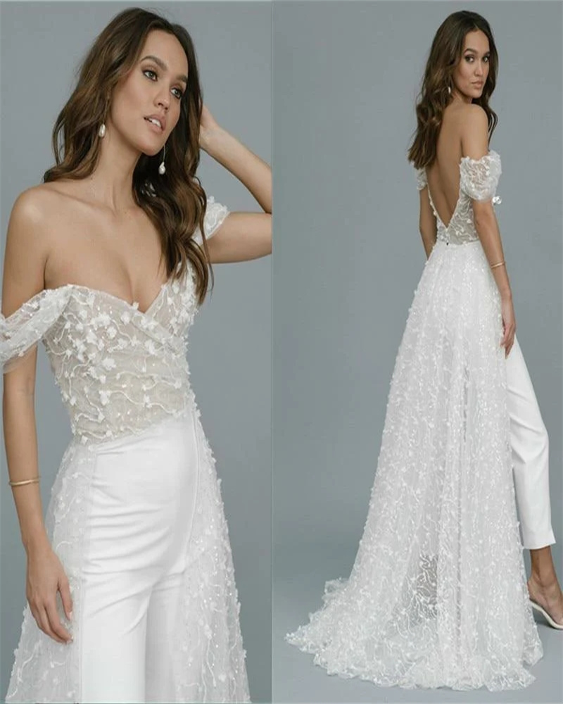 Luxury Jumpsuit Boho Wedding Dress With Train Elegant Overskirt V Neck Garden Bohemian Bridal Dresses With Sleeve Floral Bride vestidos de novia 2023 