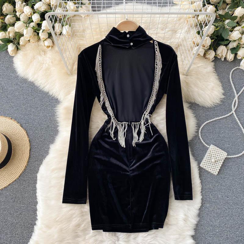 Casual Dresses Sexy Tassels Backless Velvet Dress Women Elegant Turtleneck Long Sleeve Bodycon Mini Black Slim Evening Club Vestido
Casual Dresses Sexy Tassels Backless Velvet Dress Women Elegant Turtleneck Long Sleeve Bodycon Mini Black Slim Evening Club Vestido