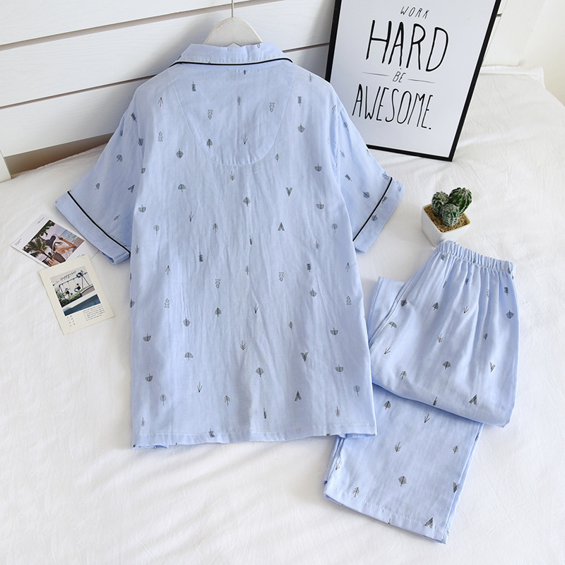 Men's Sleepwear Men's Pajamas Two-piece Spring And Summer 100% Cotton Gauze Short-sleeved Trousers Thin Casual Home Wear Cover Men Pajamas 2