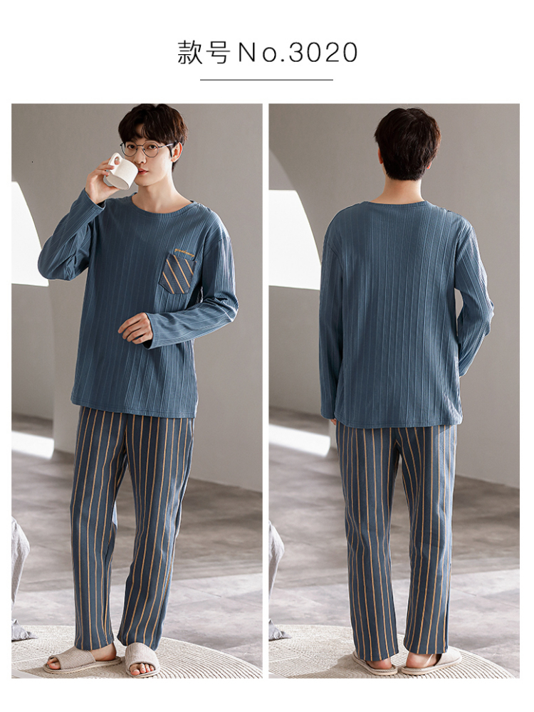 Men's Sleepwear Men's Pajamas Set Autumn Winter Leisure Elastic Waist Men Sleepwear Cotton Men's Long Sleeve Nightwear Trousers Homewea