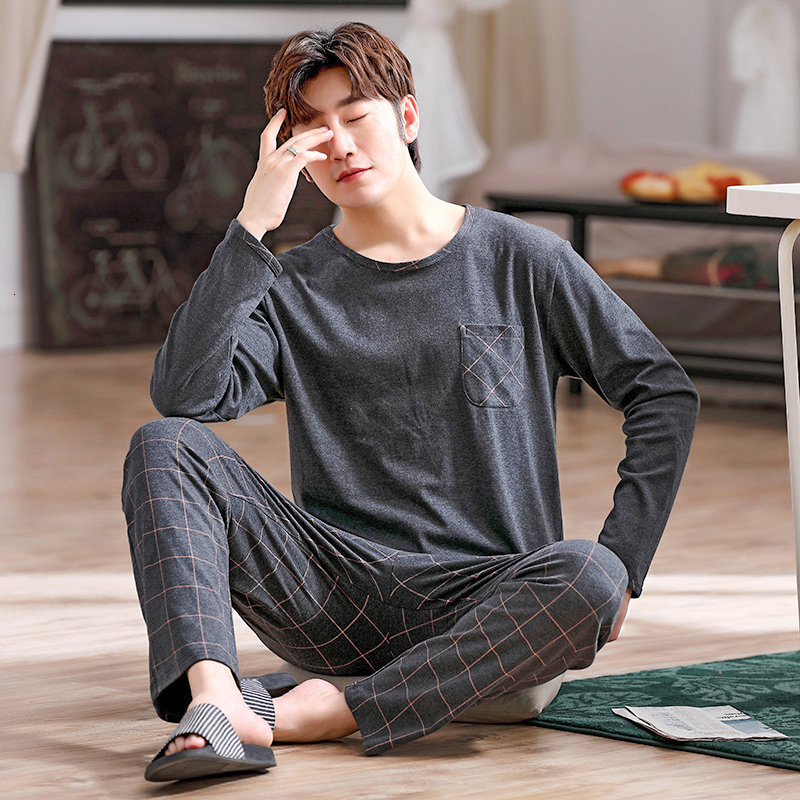 Men's Sleepwear Autumn Men's Pure Full Cotton Pajamas Plaid Sleepwear Big Yards L-4XL Pajama Sets Casual Sleep Lounge Pyjamas Pijamas Hombre