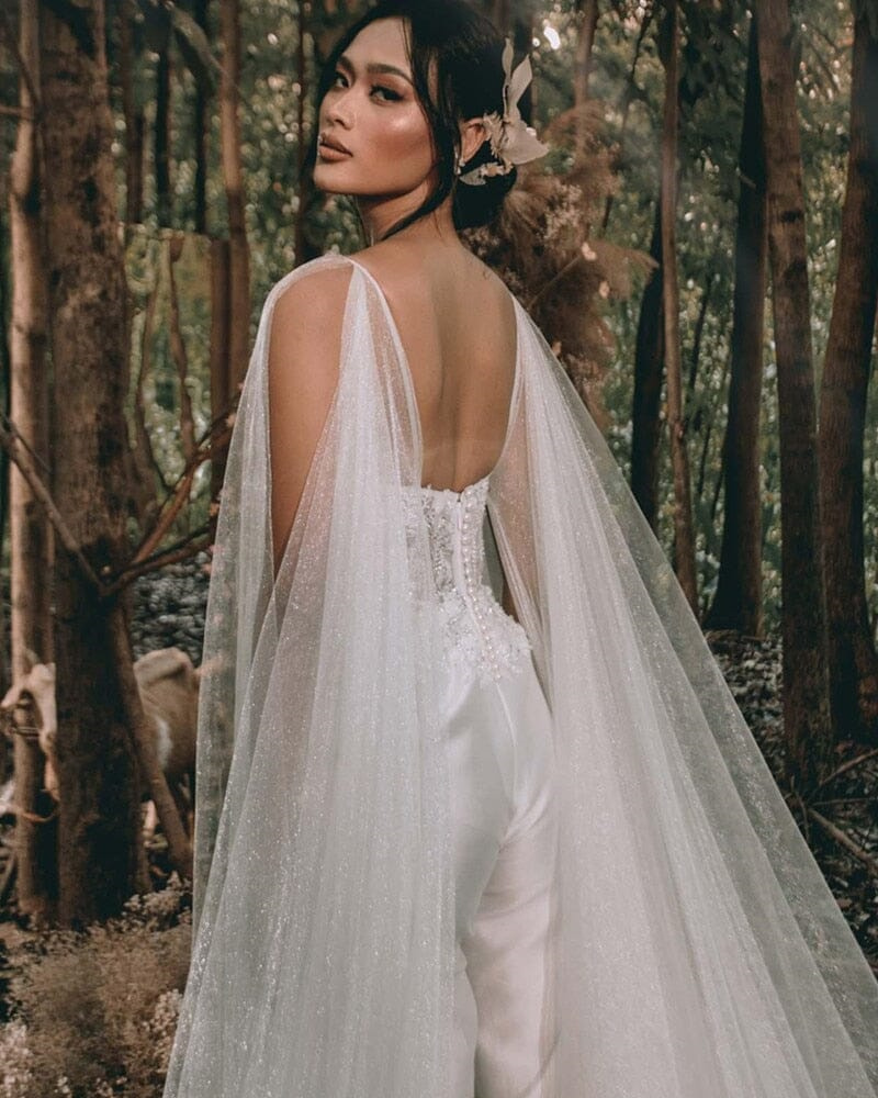 Sparkle Jumpsuit Country Wedding Dress 2023 With Long Shoulder Sexy V Neck Satin Pant Beach Boho Bridal Gowns Elegant Beaded vestidos de novia robe de