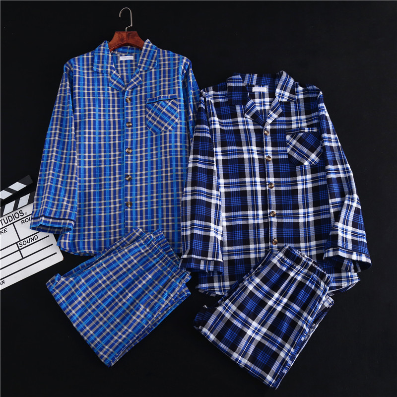 Men's Sleepwear Autumn and winter men's pajamas long-sleeved trousers two-piece cotton brushed lapel button thickened home service set mens 