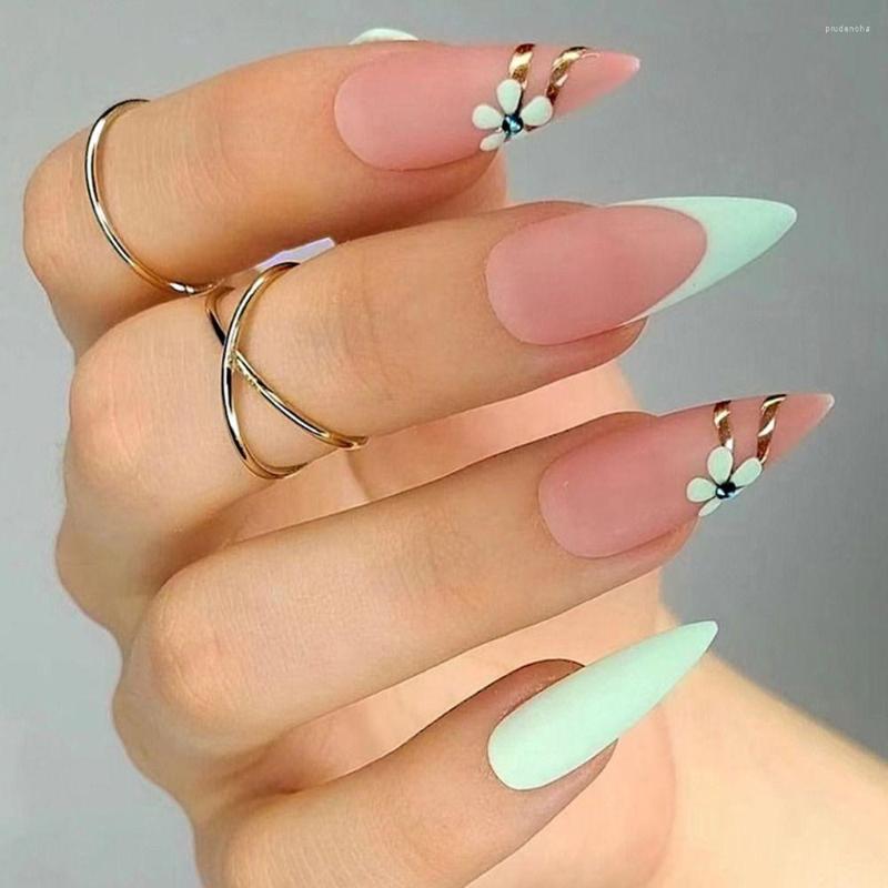 False Nails 24pcs Long Almond Fake Green French Frosted Small Flower Blue Rhinestone Press On Full Cover, Jp2004
False Nails 24pcs Long Almond Fake Green French Frosted Small Flower Blue Rhinestone Press On Full Cover, Jp2004