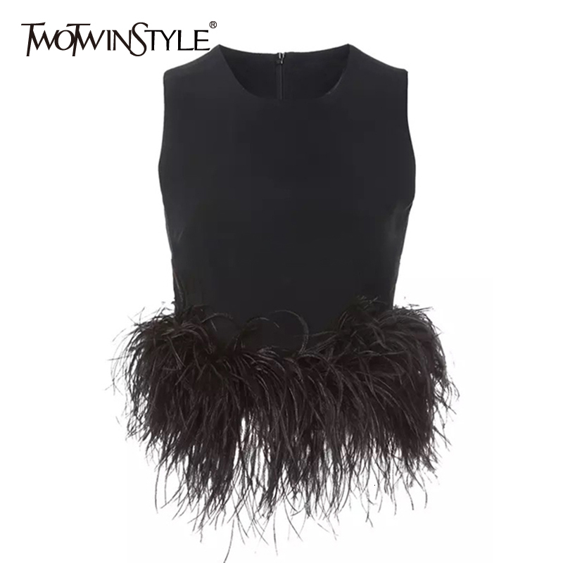 Women's Tanks Camis TWOTWINSTYLE Black Patchwork Feathers Korean Fashion Shirt Top Women Round Neck Sleeveless Slim Tops Female Summer Clothing 230317, Purple
Women's Tanks Camis TWOTWINSTYLE Black Patchwork Feathers Korean Fashion Shirt Top Women Round Neck Sleeveless Slim Tops Female Summer Clothing 230317, Purple