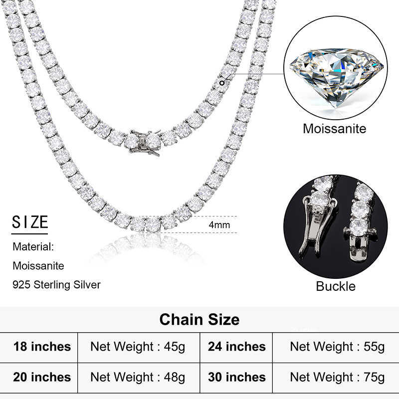 Local Us Stock Pass Diamond Tester Lab Grown d Color Vvs Moissanite Tennis Chain Necklace for Men Women