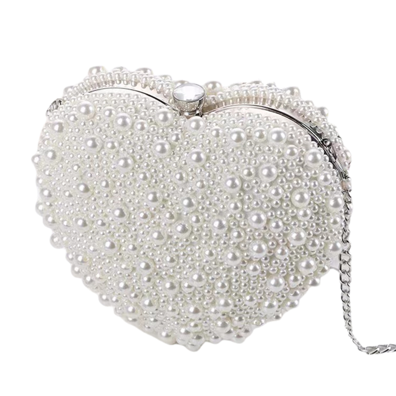 Pearls Heart Shaped Handbags Wedding Clutch Purse Full Side Beads Mini Wallets With Chain Shoulder Bags For Girls Women