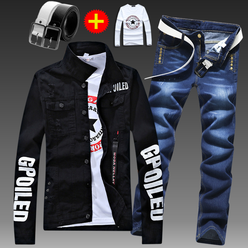 Men's Tracksuits Slim Fit Denim Jacket Pants 2pcs Set Long Sleeve Coats Letters Printed Casual Large Size Black White Red Boys Trousers 230317