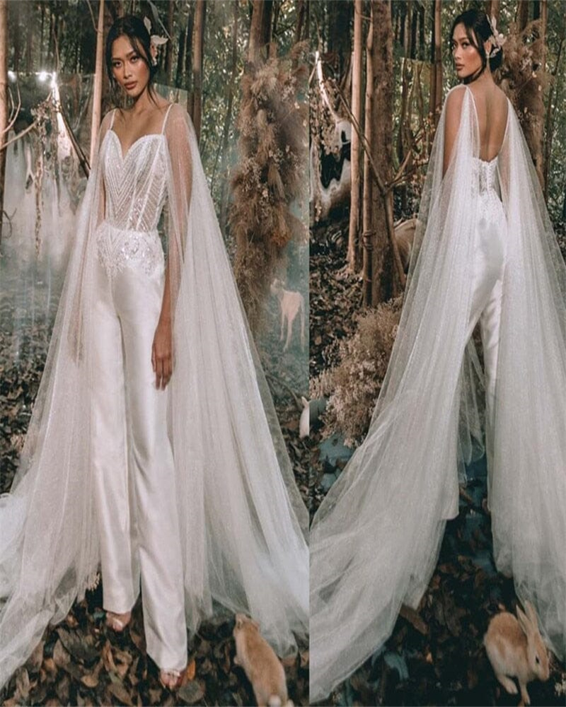 Sparkle Jumpsuit Country Wedding Dress 2023 With Long Shoulder Sexy V Neck Satin Pant Beach Boho Bridal Gowns Elegant Beaded vestidos de novia robe de