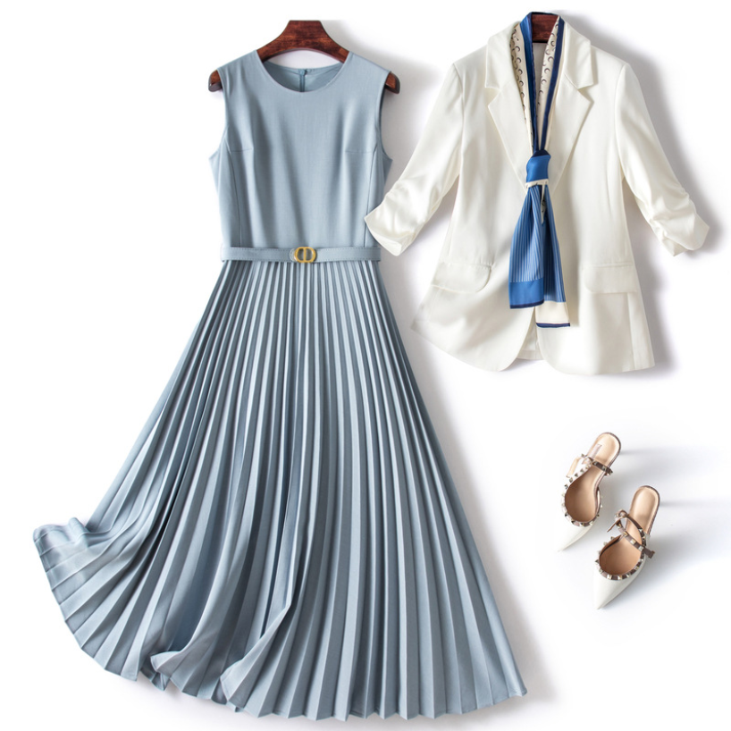 Spring 3/4 Sleeve Dress White Blazers Coat & Sleeveless Round Neck Solid Color Belted Pleated Mid-Calf Elegant Casual Dresses 22L153619, Multi
Spring 3/4 Sleeve Dress White Blazers Coat & Sleeveless Round Neck Solid Color Belted Pleated Mid-Calf Elegant Casual Dresses 22L153619, Multi