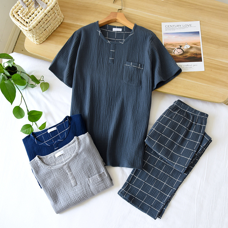Men's Sleepwear spring and autumn men's 100% cotton crepe round neck plaid pajamas two-piece long-sleeved trousers plus size loungewear suit